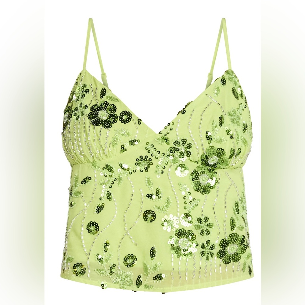 NWT No Boundaries Embellished Sequin Beaded‎ Floral Cami Top XXS (00) Lime Green